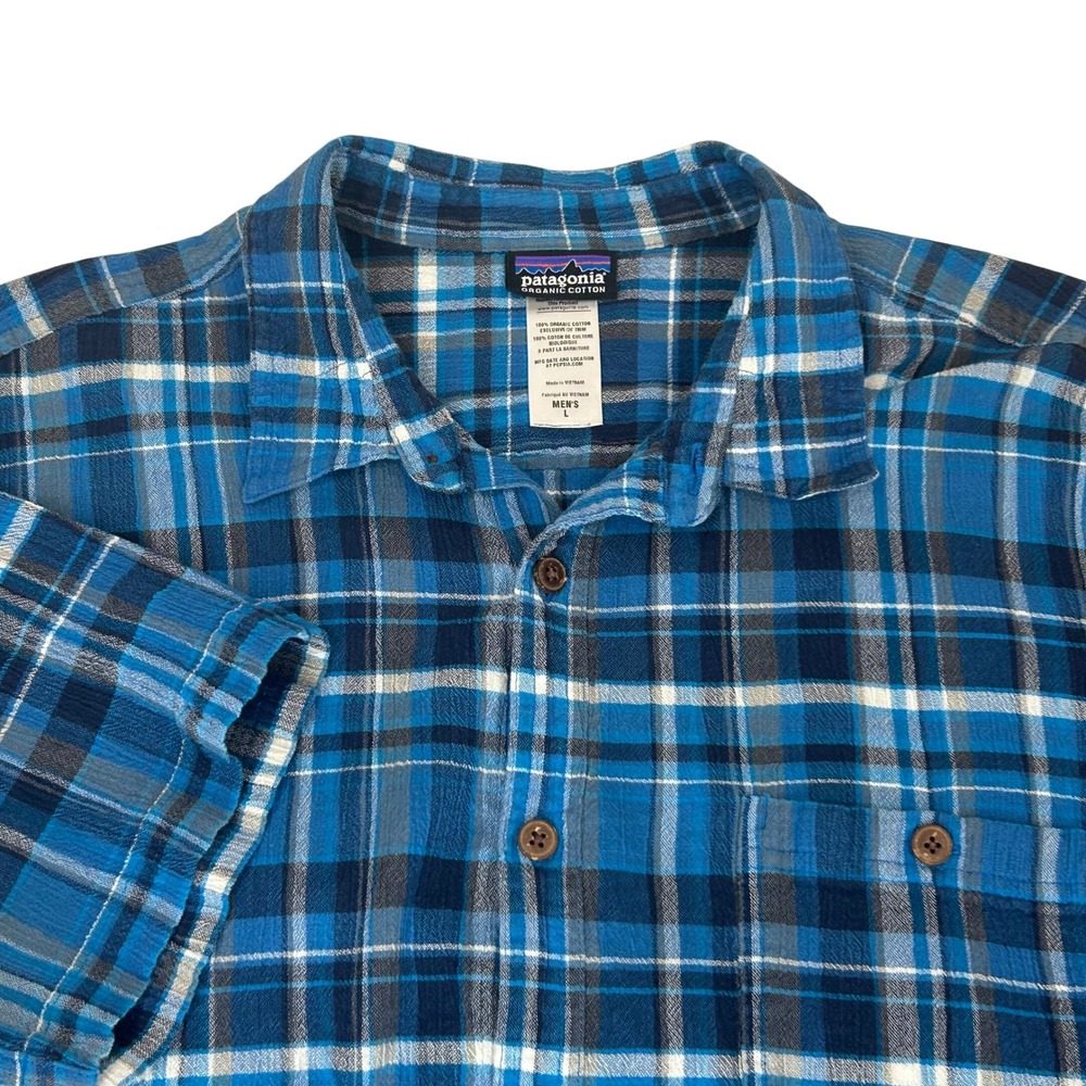 Patagonia Organic Cotton Shirt Mens Large Blue Plaid Short Sleeve Outdoor Hiking